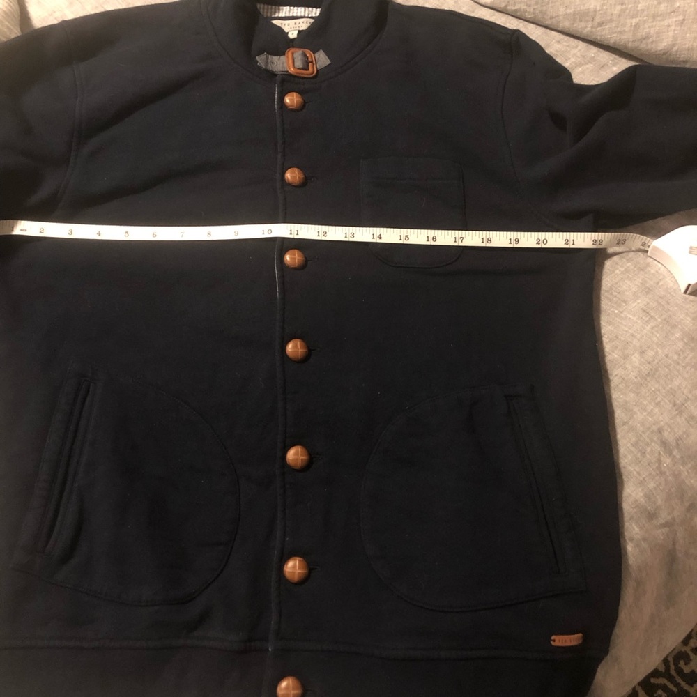 Ted Baker Navy Blue Cotton Sweater Jacket w/ Leather Buttons - Picture 6 of 9